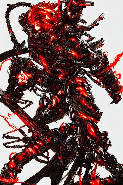 Image similar to a drawing of a flaming cybernatic samurai, red armor by yoji shinkawa and tsutomu nihei, detailed art, highly detailed, trending on artstation