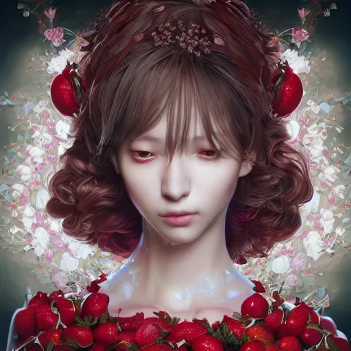 Image similar to the portrait of an absurdly beautiful, graceful, elegant, sophisticated, fashionable realistic anime woman made of strawberries and white petals with tears, an ultrafine hyperdetailed illustration by kim jung gi, irakli nadar, intricate linework, bright colors, octopath traveler, final fantasy, unreal engine 5 highly rendered, global illumination, radiant light, detailed and intricate environment