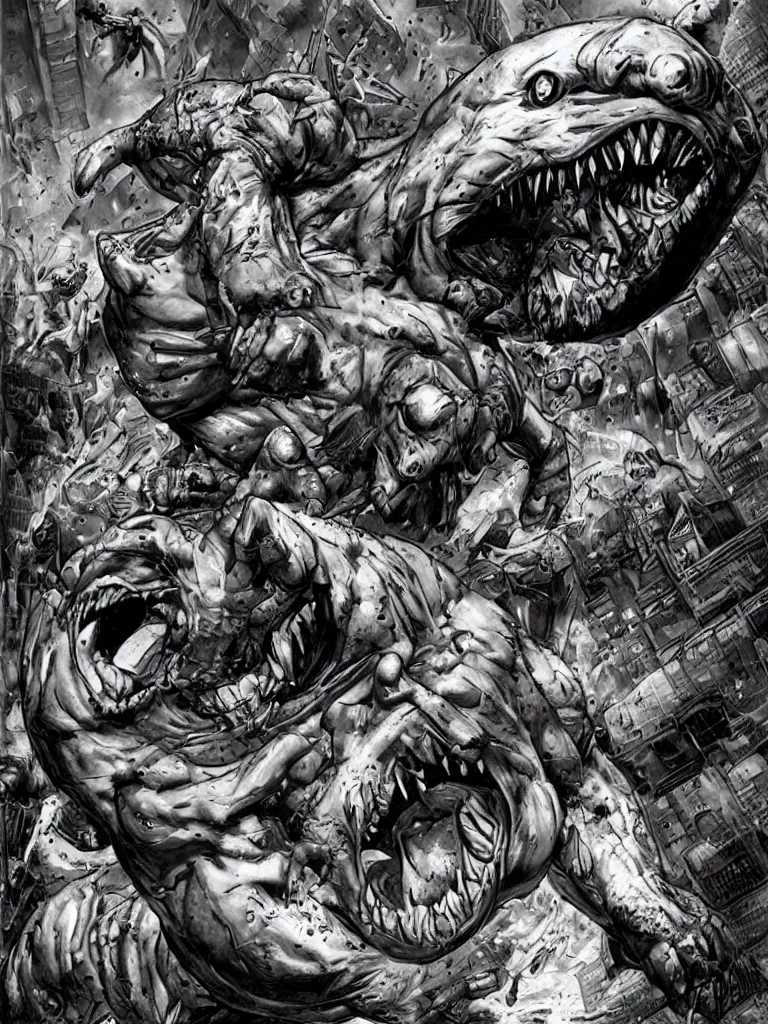 Image similar to giant street sharks powering up by lee bermejo