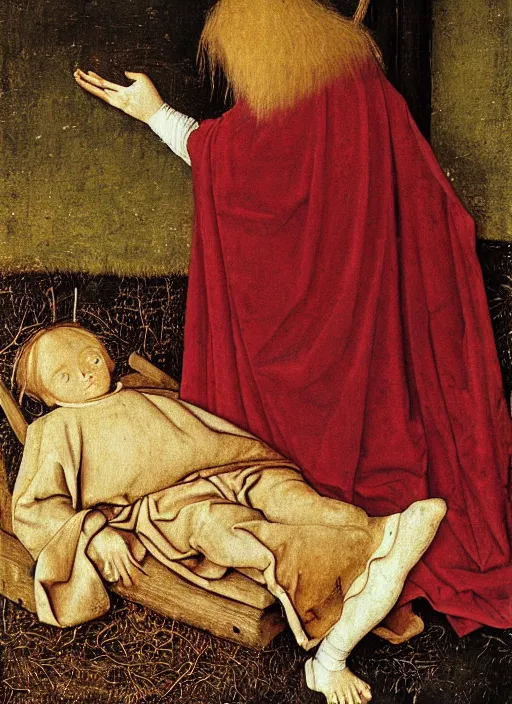 Prompt: Unconscious 10 years old boy dressed in some rags curled up into a ball, he clung to the side of the wagon, medieval painting by Jan van Eyck, Florence