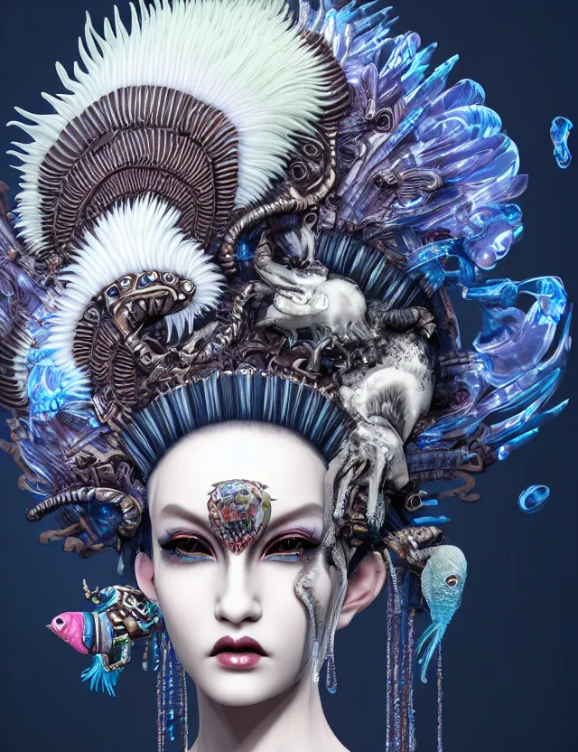 Image similar to 3 d goddess close - up profile portrait punk with mohawk with ram skull. beautiful intricately detailed japanese crow kitsune mask and clasical japanese kimono. betta fish, jellyfish phoenix, bio luminescent, plasma, ice, water, wind, creature, artwork by tooth wu and wlop and beeple and greg rutkowski