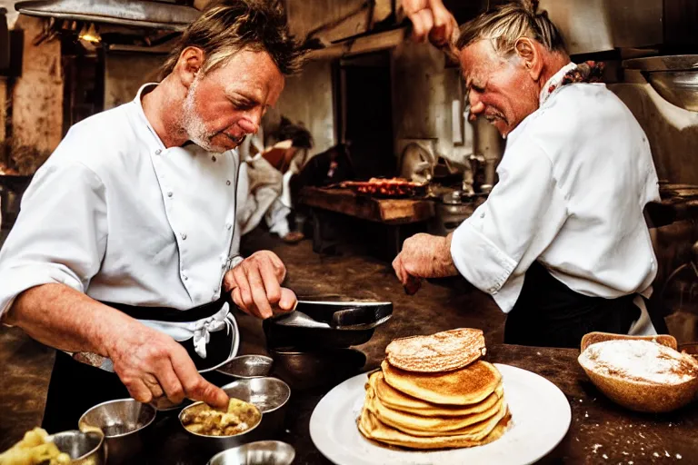 Prompt: closeup potrait Dutch chefs impressing french peasants with superior pancakes, natural light, sharp, detailed face, magazine, press, photo, Steve McCurry, David Lazar, Canon, Nikon, focus