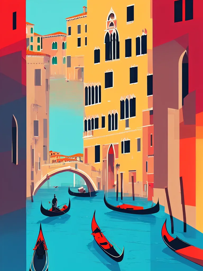 Image similar to a travel poster illustration depicting venice, minimalist, digital painting, vector art, trending on artstration, by anton fadeev, by alena aenami