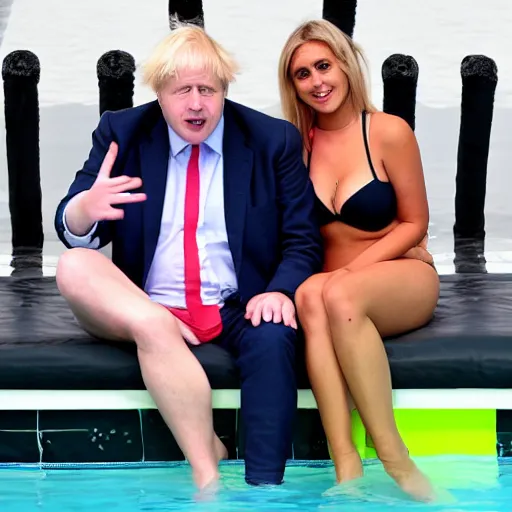 Image similar to Boris Johnson in the love island pool neon flirting with girl