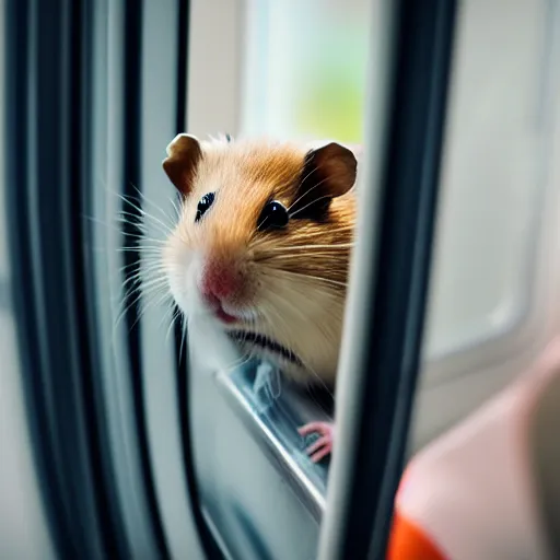 Image similar to photo of a hamster inside a metro train, looking out of the window, various poses, unedited, soft light, sharp focus, 8 k