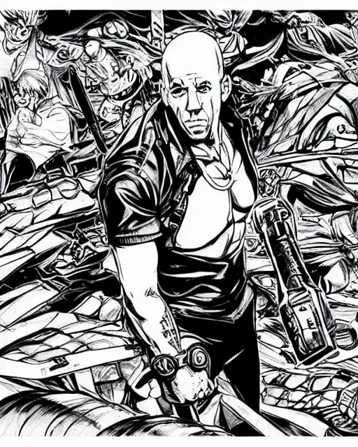 Image similar to Digital color pen drawing of Vin Diesel walking like a Italian model in JoJo\'s Bizzare Adventure anime style, highly detailed, sharp focus, screentone shading, 1990 manga panel, trending on ArtStation, manga cover art drawn by Hirohiko Araki