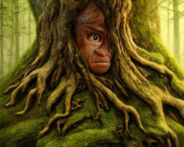 Image similar to a talking oak tree, a face in the bark, nose made of wood, eyes in the bark, fantasy concept art, leaves and moss, digital painting, oil painting, hyperrealistic, beautiful, treebeard, ent, highly detailed, soft lighting, golden sunlight, very detailed eyes, artstation, cgsociety, in the forest, by alan lee, by artgerm