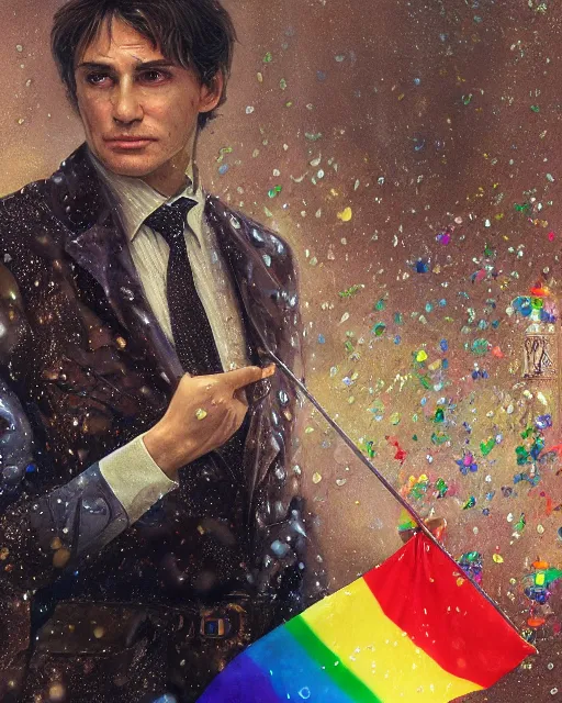 Prompt: a highly detailed portrait of Vladimir Putin holding gay pride flag, intricate, digital painting, old english, raining, sepia, particles floating, whimsical background by marc simonetti, art by artgerm and greg rutkowski and alphonse mucha