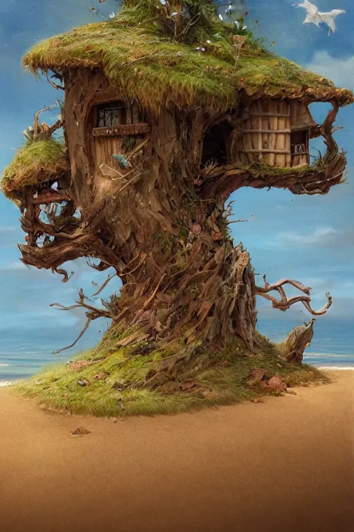 Prompt: wide angle view, a beautiful digital painting of a fairy house made of sand and driftwood on a beach coastline, bright sunny tranquil day, tall grass, magical, by greg rutkowski, brian froud, marc simonetti, jean - baptiste monge, symmetry, complementary colors, ink illustration, trending on artstation