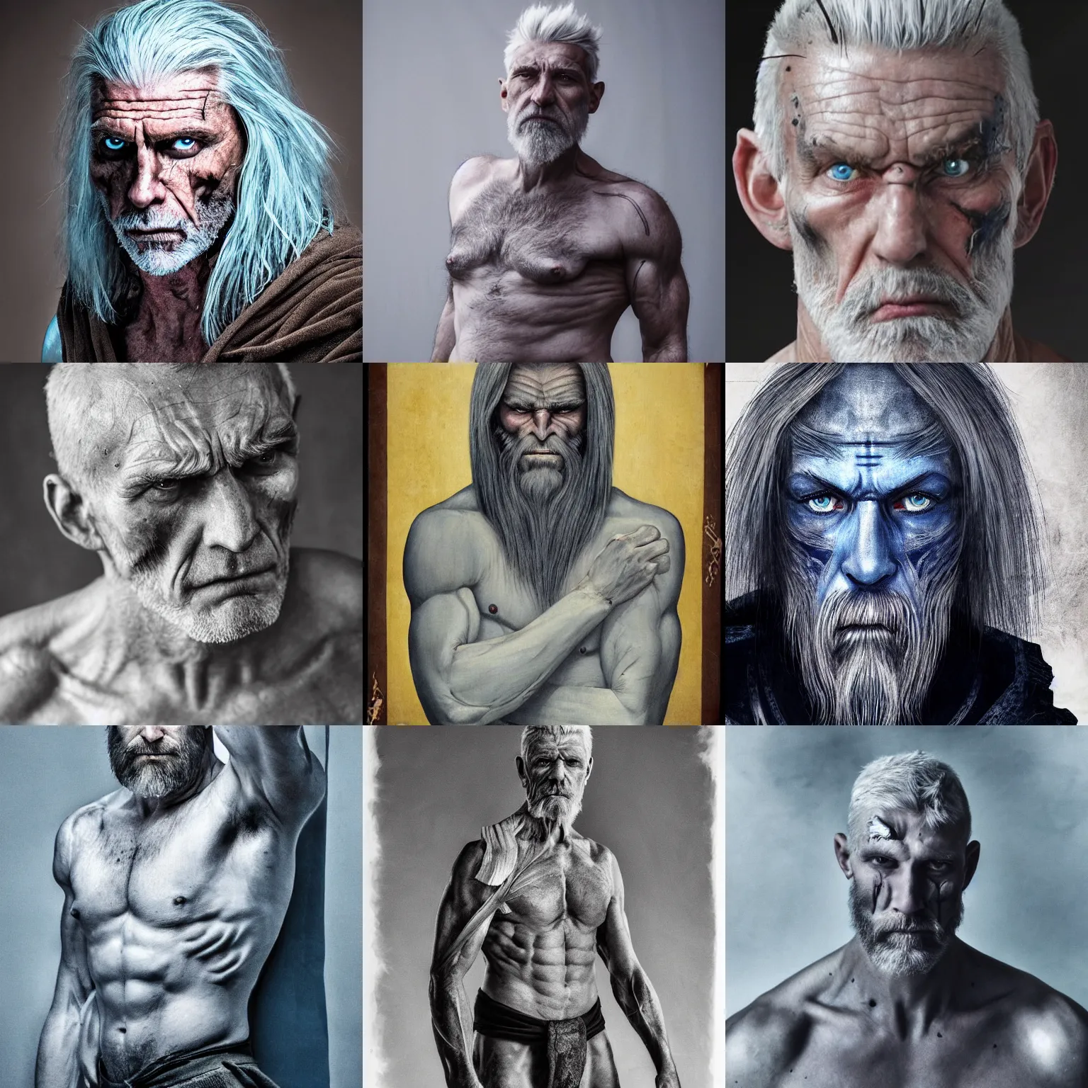 Prompt: a portrait of a tall warrior with grey hair and big muscles, light blue eyes and body full of scars, his skin in extremely white and grim looking, mysterious