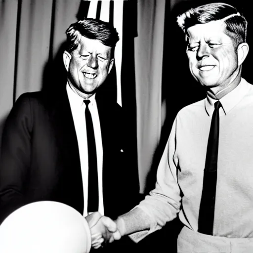 Image similar to a black and white photo of president kennedy shaking hands with a space alien