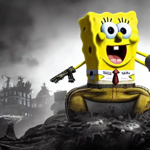 Image similar to Spongebob in Gears of War, highly detailed, high quality, HD, 4k, 8k, Canon 300mm, professional photographer, 40mp, lifelike, top-rated, award winning, realistic, sharp, no blur, edited, corrected, trending