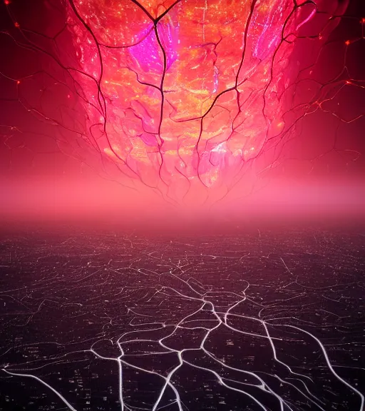 Image similar to surreal neuron city tower, only a flash of light breaking the waves, made of crystalized synapse, aerial iridecent veins, moonbow, in the desert, foggy sky, dark starry night, octane render, unreal engine, pale colors, high detail, 8 k, wide angle, trending on artstation, behance