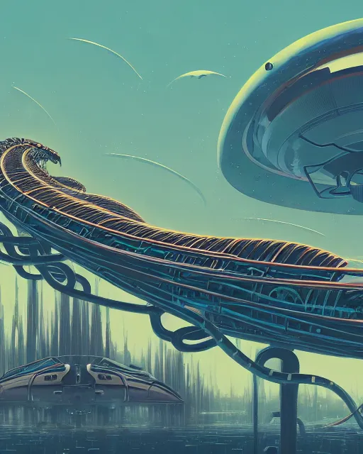 Image similar to simplicity, a roller coaster made out of weird organic creatures, in the style of a streamlined asymmetrical spaceship, bleak apocalyptic environment, by dan mumford, yusuke murata, makoto shinkai, ross tran, cinematic, unreal engine, cel shaded, featured on artstation, pixiv