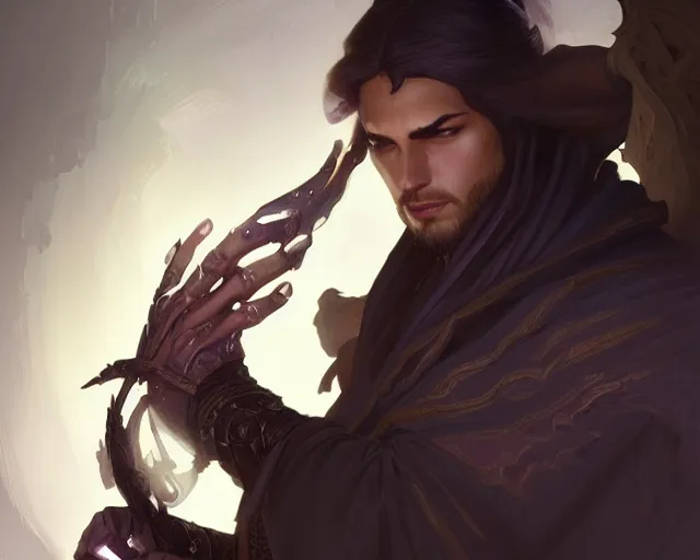 Prompt: shadow mage male acolyte, deep focus, d & d, fantasy, intricate, elegant, highly detailed, digital painting, artstation, concept art, matte, sharp focus, illustration, hearthstone, art by artgerm and greg rutkowski and alphonse mucha