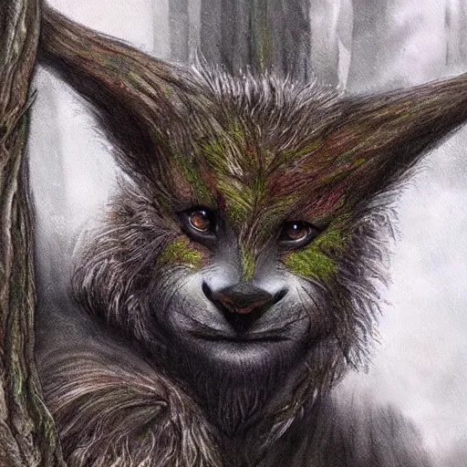 Image similar to A majestic forest creature is staring at the camera, very detailed, cinematic, epic painting in the style of Lord of the Rings