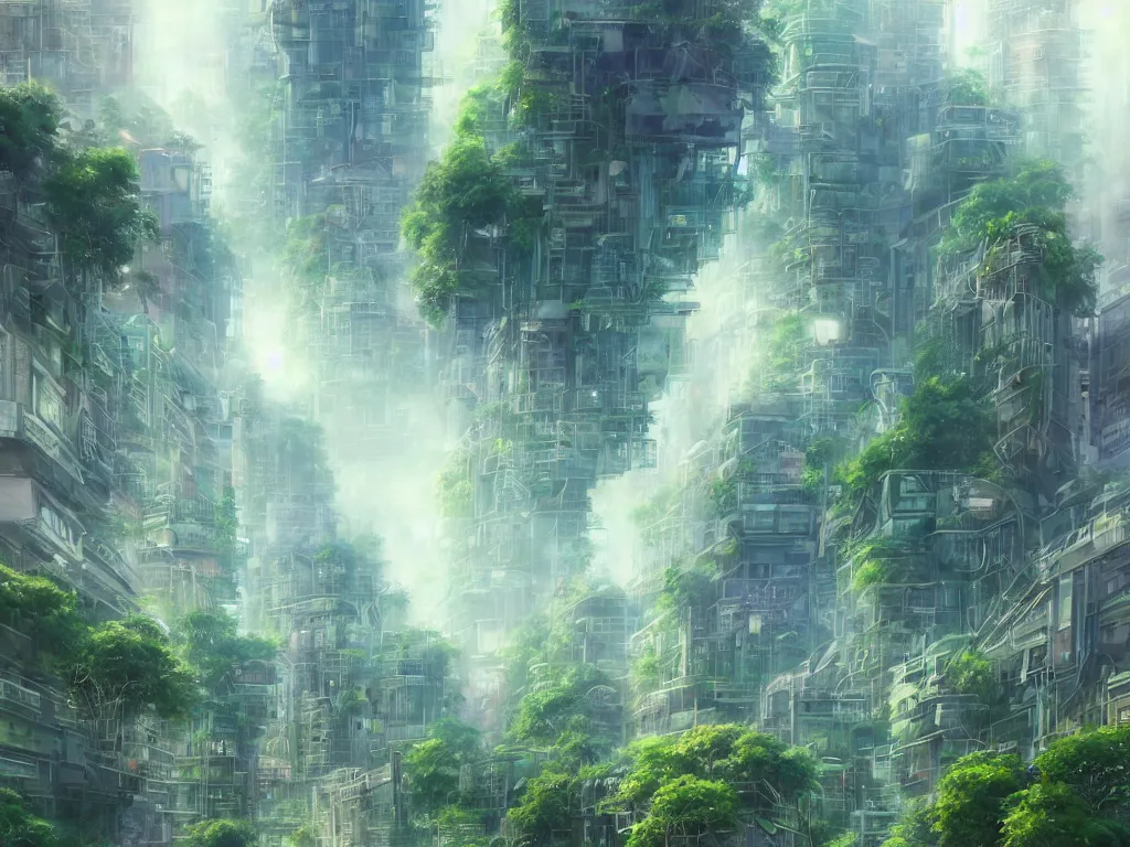 Image similar to futuristic city, lush vegetation, humid, early evening, diagonal view, geometric buildings, cloudy, beautiful, dull pastel colors, realistic, foggy, dreamy, nostalgic, bright, trending on artstation by yoshitaka amano and makoto shinkai, studio ghibli style