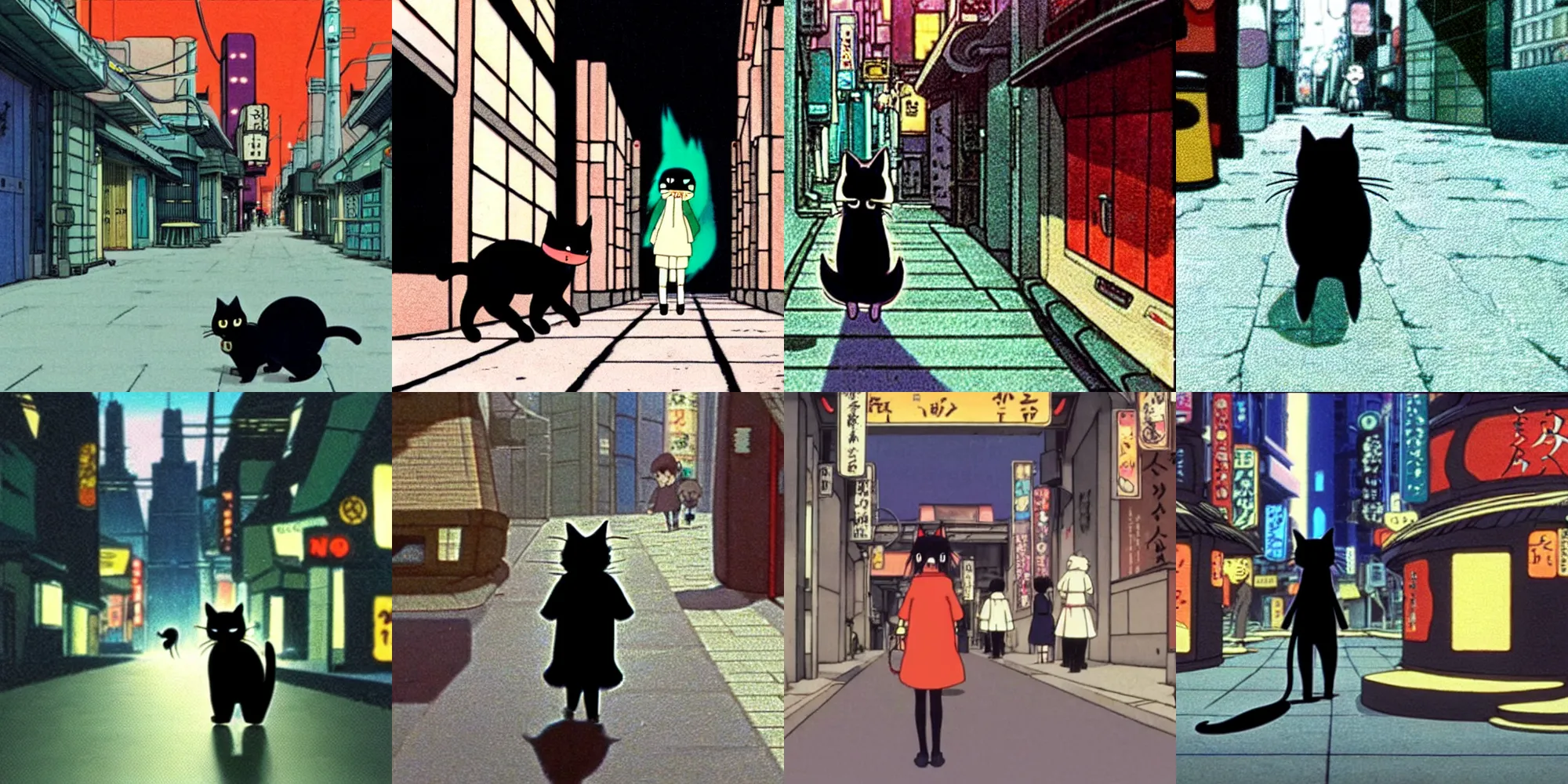 Prompt: low profile shot of adorable black cat walking through neo - tokyo, studio ghibli, hayao miyazaki, anime