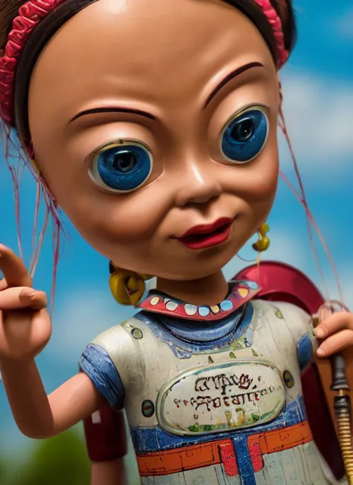 Image similar to closeup portrait of a tin toy greta thunberg, depth of field, zeiss lens, detailed, symmetrical, centered, fashion photoshoot, by nicoletta ceccoli, mark ryden, lostfish, earl nore, hyung tae, frank frazetta, breathtaking, 8 k resolution, extremely detailed, beautiful, establishing shot, artistic, hyperrealistic, octane render