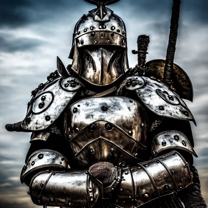 Image similar to photo of a warrior with metal bear themed armour, highly detailed, 4 k, hdr, smooth, sharp focus, high resolution, award - winning photo