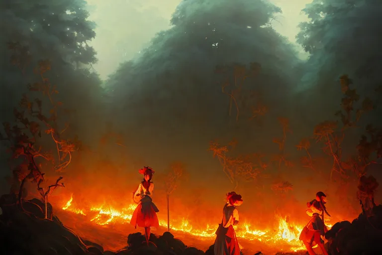 Prompt: baroque oil painting of key visual concept art of anime maids burning down a forest of elves, brutalist, dark fantasy, rule of thirds golden ratio, fake detail, trending pixiv fanbox, acrylic palette knife, style of makoto shinkai studio ghibli genshin impact james gilleard greg rutkowski chiho aoshima