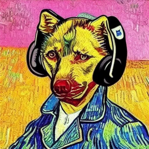 Image similar to retarded wolf portrait, van gogh style, pink headphones