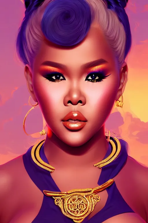 Image similar to portrait of young lil Kim rapper, Brooklyn background, highly detailed and rendered gold jewelry, digital art, intricate, sharp focus, Trending on Artstation, HQ, unreal engine 5, 4K UHD image, by brom, artgerm, face by Otto Schmidt