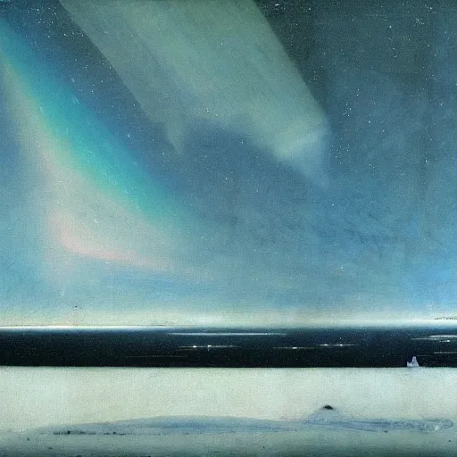 Image similar to the epic abstract painting'blue arctic void with black and red aurora borealis above a tiny inuit village ', by caspar david friedrich!!!, by rothko!!!, stunning masterpiece, trending on artstation