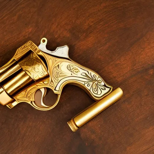 Image similar to golden revolver with engravings laying on a wooden table, high detail, complex