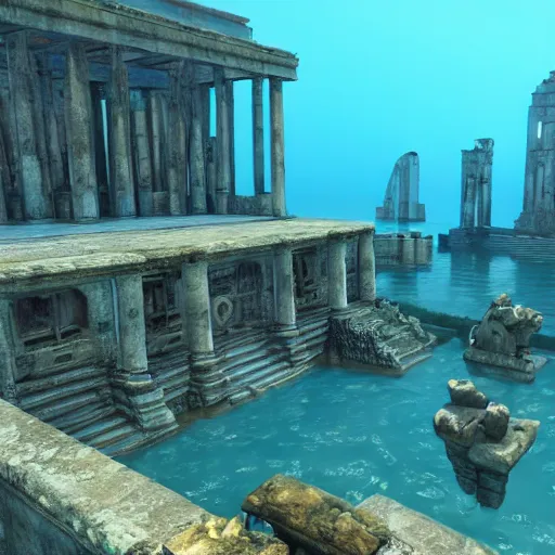 Prompt: the lost city of atlantis, ray traced, unreal engine, underwater, ruins, beautiful