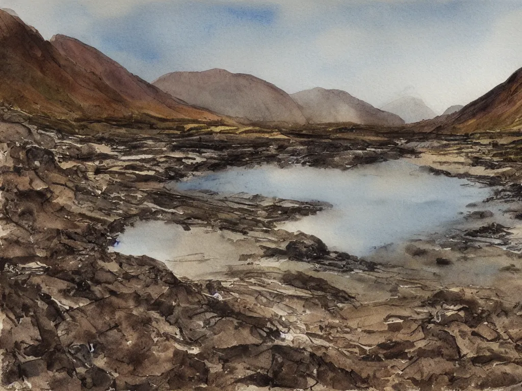 Image similar to wastwater screes in early evening light painted in watercolours and pencil by william heaton cooper and rock textures by julian cooper