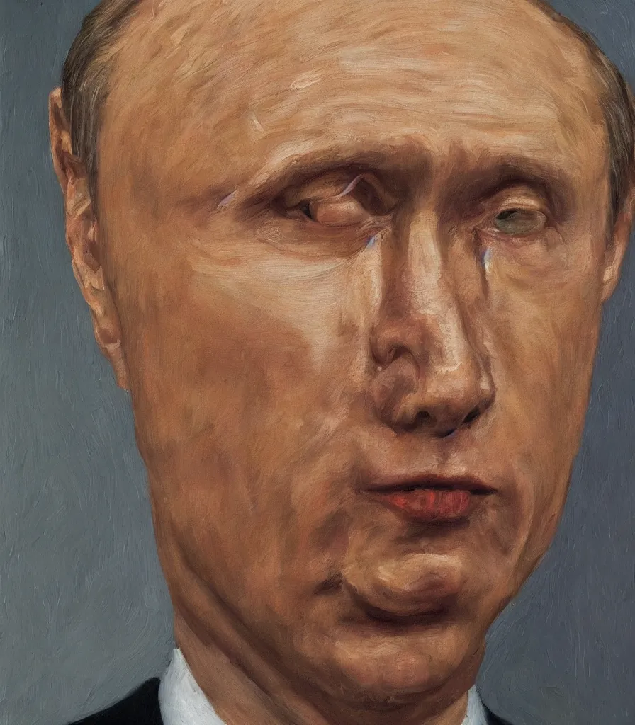 Prompt: closeup shot of putin in the style of lucian freud self portrait. oil painting, thick brush strokes.