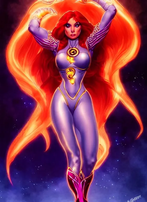 Prompt: front portrait hands behinds pose of attractive Starfire with ginger wavy hair using white gloves, hands behind her pose!, Intricate overlay flames imagery , D&D!, fantasy style, sharp focus!, ultra detailed, art by Artgerm and Peter Andrew Jones, WLUP