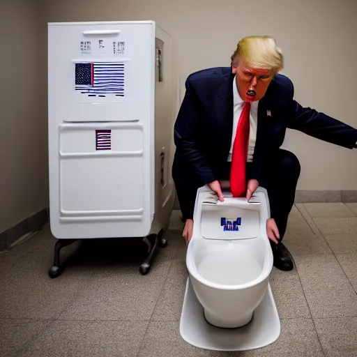 Prompt: Donald Trump flushing a voting machine down the toilet, Canon EOS R3, f/1.4, ISO 200, 1/160s, 8K, RAW, unedited, symmetrical balance, in-frame