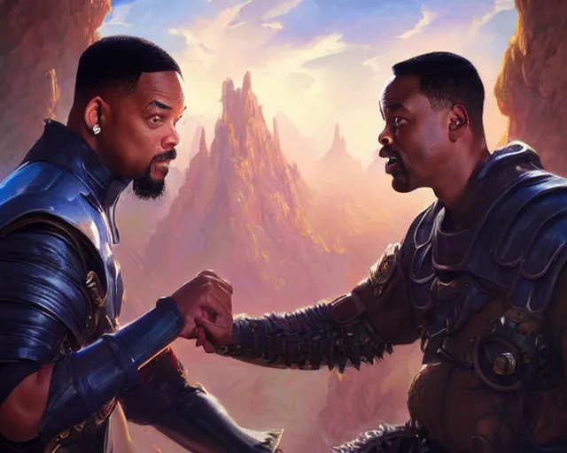 Image similar to will smith getting slapped by chris rock, deep focus, d & d, fantasy, intricate, elegant, highly detailed, digital painting, artstation, concept art, matte, sharp focus, illustration, hearthstone, art by artgerm and greg rutkowski and alphonse mucha