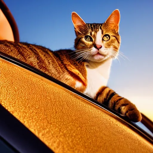 Image similar to cat cruising in a cabriolet, golden hour, front top side view, golden ratio, idyllic setting