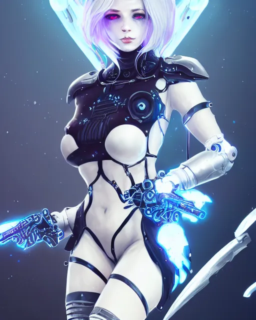 Image similar to holy cyborg necromancer girl, elegant, perfect face, scifi, futuristic, utopia, garden, illustration, atmosphere, warframe, blue eyes, white hair, artstation, nier automata, highly detailed, art by yuhong ding and chengwei pan and serafleur and ina wong