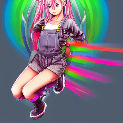 Image similar to full body pose, hd, manga anime portrait of a fairy girl in combat boots and overalls, rainbow hair, in ishikawa ken style, detailed trending award winning on flickr artstation,