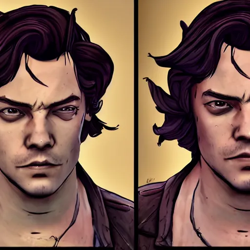 Image similar to harry styles portrait, borderlands, tales from the borderlands, the wolf among us, comic, cinematic lighting, studio quality, 8 k