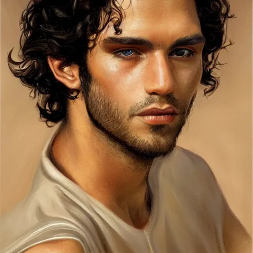 Image similar to portrait of a young italian male, dark shoulder length curly hair, closeup portrait, elegant, highly detailed, oil painting, artstation, concept art, matte, sharp focus, illustration, hearthstone, art by earl norem