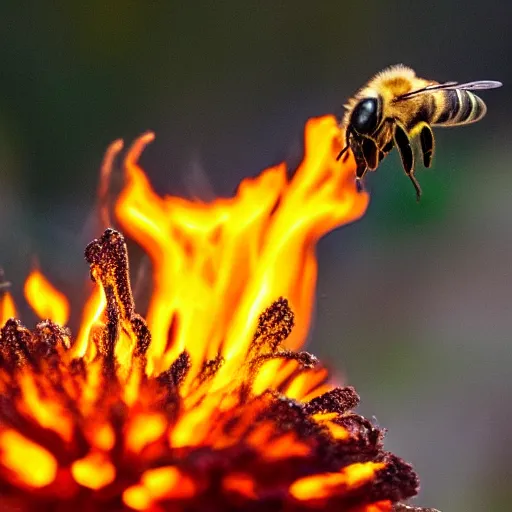 Image similar to a bee landing on a burning flower, the forest is on fire, there is fire everywhere, beautiful macro photography, perfect focus, nice composition