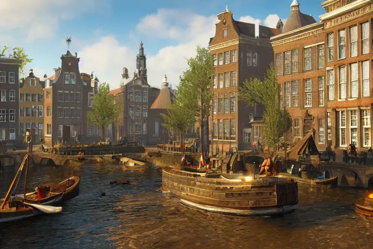 Prompt: a beautiful promotional screenshot of 1 7 0 0 s amsterdam in the video game assassins creed. 3 d render, unreal engine