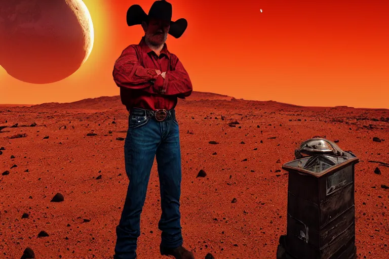 Image similar to old western cowboy with hand on hip on posing to camera on mars, distant background, red lighting, ominous, moonlight, bokeh, depth of field, synthwave, psychedelic, glitch, acrylic, flooko, detailed, cybernetic, sci-fi, glows,