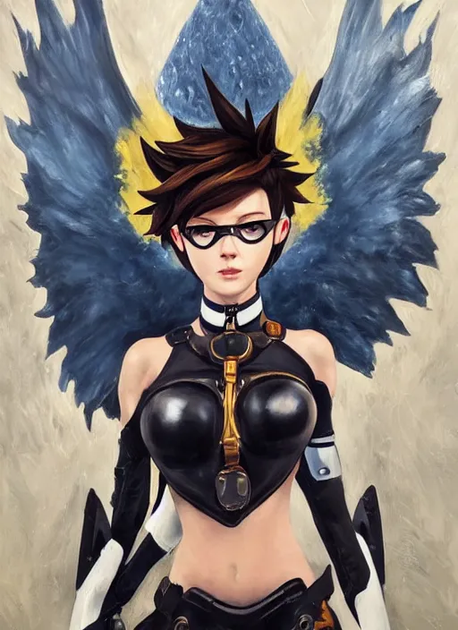 Image similar to full body oil painting of tracer overwatch, angel wings, dramatic painting, symmetrical composition, wearing detailed leather choker, black shiny armor, chains, detailed face and eyes,