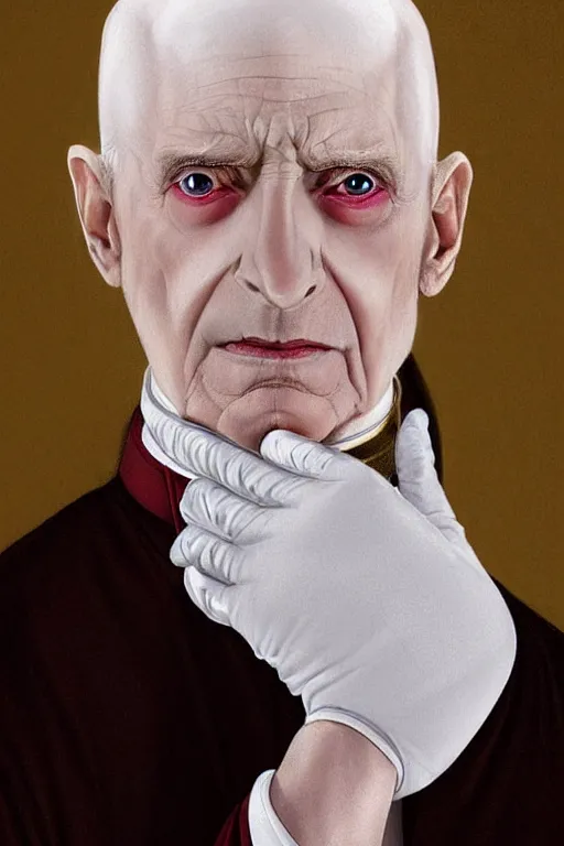 Prompt: a bald pale sorcerer in his late nineties. stately and dour in his expression. eyeliner accentuates his sunken eyes. a high black turtleneck covers his thin neck. opulent white golden red robe. white leather gloves with gold decoration, his face like benedict xvi, sharp focus, art by magali villeneuve