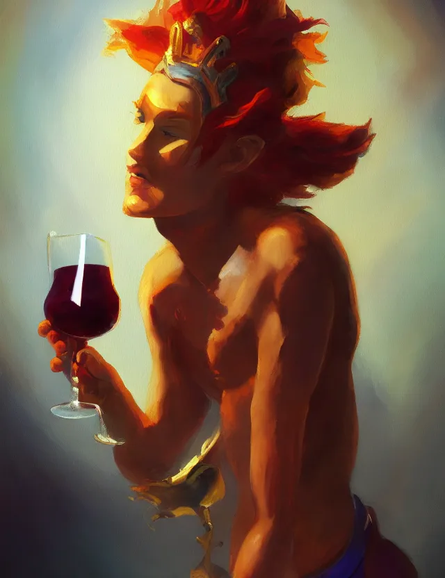 Prompt: androgynous deity of starlight and wine. this oil painting by the award - winning concept artist has interesting color contrasts, plenty of details and impeccable lighting.