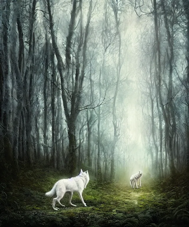 Prompt: a realistic white wolf, walking through a psychedelic forest, wide angle landscape shot, by national geographic and tom bagshaw