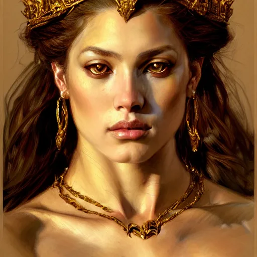 Image similar to highly detailed portrait of a majestic lioness queen in the form of a beautiful woman. d & d. art by eugene delacroix and donato giancola. trending on artstation, intricate details, energetic composition, golden ratio, concept art, illustration, elegant art, global illuminaition