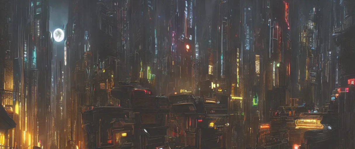 Image similar to detailed cyberpunk city at night, with a huge black hole from interstellar in the sky, digital painting concept art, by Ralph Mcquarrie, highly detailed, trending on artstation, dark