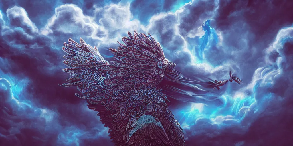 Prompt: a man yelling at an intricate giant blue bird purgatory, paisley cloud pattern, god at the gate, award winning composition, vibrant neon nebulous clouds, symmetrical details, hyper realistic illustration, radiant light rays, photorealistic illustration, intricate and fine details, volumetric lighting, artstation